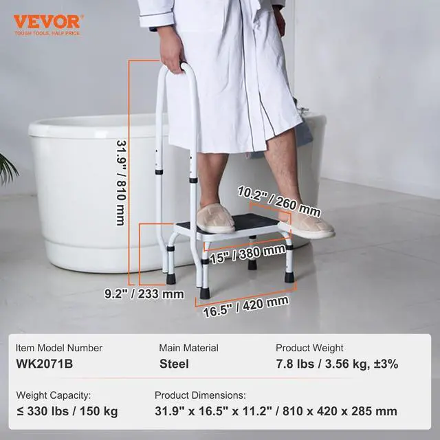 Alt view image 7 of 7 - VEVOR Step Stool 1-Step 330lbs Capacity, 3 Adjustable Height with Handle Steel Step Ladder, Portable Toddler Step Stools for Adults, Non-Slip Sturdy Step Ladders for Office, RVs, Pets