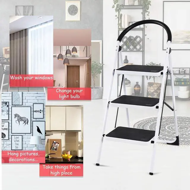Alt view image 5 of 7 - Giantex 3 Step Ladder Folding Step Stool Platform Home Kitchen Tool Multiuse Stepladder w/Sturdy Frame Rubber Hand Grip Anti-Slip Pedal Lightweight Portable Ladder 330Lbs Capacity