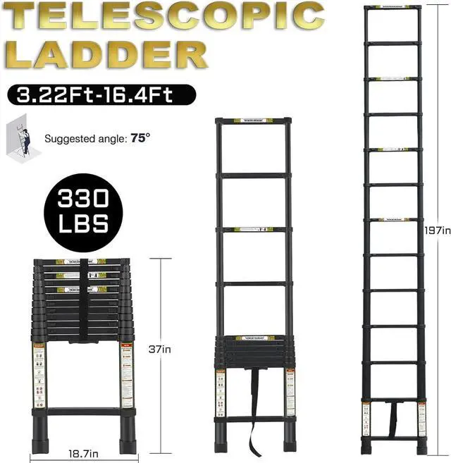Alt view image 2 of 6 - RIKADE Telescoping Ladder 16.5FT & Attic Ladder, Heavy Duty Aluminum with Non-Slip Feet, 330lb Capacity for RV, Attic, Roof & Multi-Surface Use