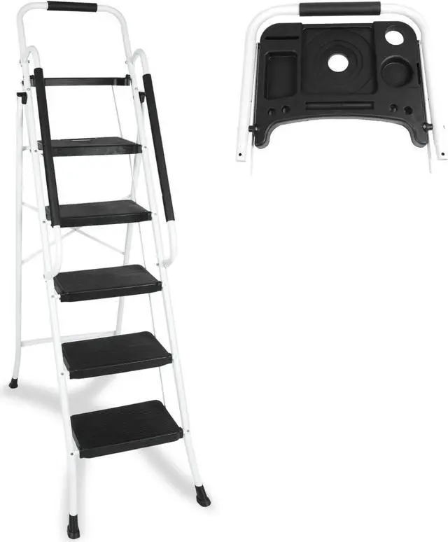 Main image of BLACKHORSE-RACING 5 Step Ladder with Handrails & Tool Tray Platform, 330 lbs Folding Step Stool Ladder, Portable Steel Ladder for Kitchen Pantry Home Office Library, White
