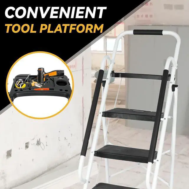 Alt view image 2 of 7 - BLACKHORSE-RACING 5 Step Ladder with Handrails & Tool Tray Platform, 330 lbs Folding Step Stool Ladder, Portable Steel Ladder for Kitchen Pantry Home Office Library, White