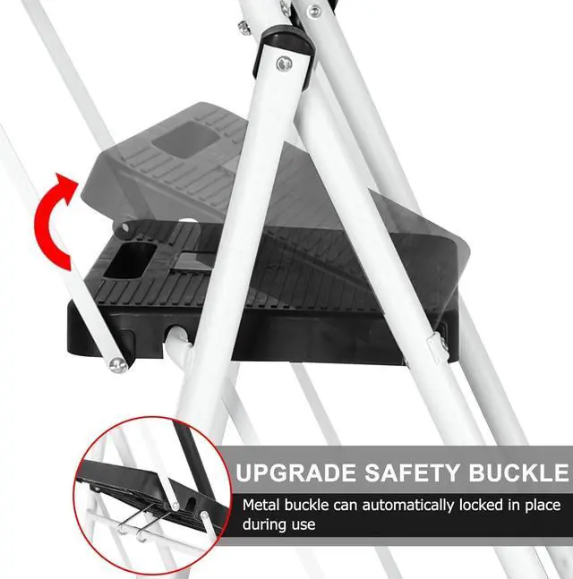 Alt view image 4 of 7 - BLACKHORSE-RACING 5 Step Ladder with Handrails & Tool Tray Platform, 330 lbs Folding Step Stool Ladder, Portable Steel Ladder for Kitchen Pantry Home Office Library, White