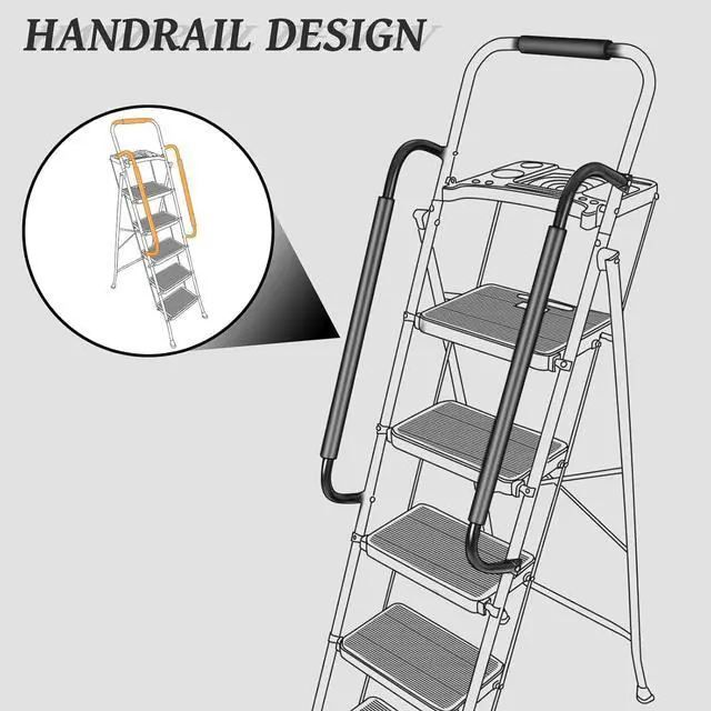 Alt view image 5 of 7 - BLACKHORSE-RACING 5 Step Ladder with Handrails & Tool Tray Platform, 330 lbs Folding Step Stool Ladder, Portable Steel Ladder for Kitchen Pantry Home Office Library, White