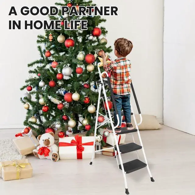 Alt view image 6 of 7 - BLACKHORSE-RACING 5 Step Ladder with Handrails & Tool Tray Platform, 330 lbs Folding Step Stool Ladder, Portable Steel Ladder for Kitchen Pantry Home Office Library, White