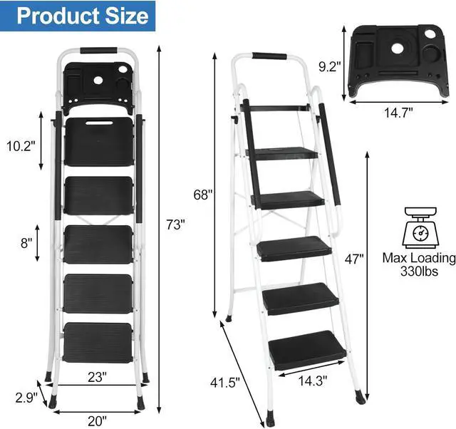 Alt view image 7 of 7 - BLACKHORSE-RACING 5 Step Ladder with Handrails & Tool Tray Platform, 330 lbs Folding Step Stool Ladder, Portable Steel Ladder for Kitchen Pantry Home Office Library, White