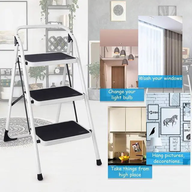 Alt view image 2 of 7 - Goplus 3 Step Ladder, Folding Heavy Duty Step Stool Lightweight Steel Ladder with Handgrip and Wide Anti-Slip Platform for Kitchen Shop, 340lbs Capacity (Black)