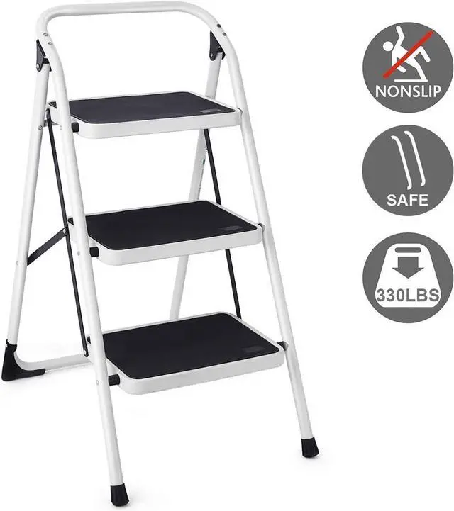 Alt view image 4 of 7 - Goplus 3 Step Ladder, Folding Heavy Duty Step Stool Lightweight Steel Ladder with Handgrip and Wide Anti-Slip Platform for Kitchen Shop, 340lbs Capacity (Black)