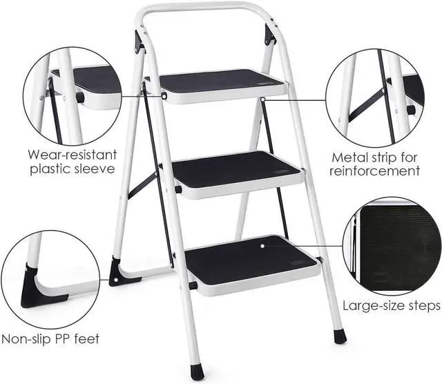 Alt view image 3 of 7 - Goplus 3 Step Ladder, Folding Heavy Duty Step Stool Lightweight Steel Ladder with Handgrip and Wide Anti-Slip Platform for Kitchen Shop, 340lbs Capacity (Black)