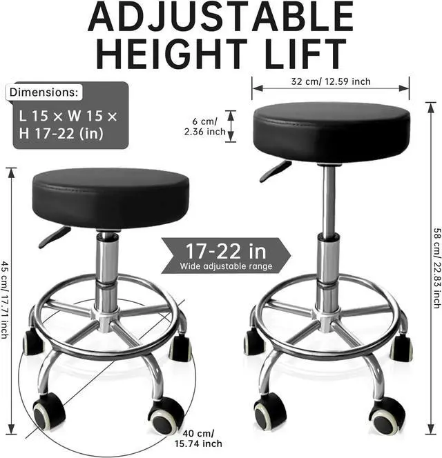 Alt view image 2 of 7 - Rolling Stool with Wheels, PU Leather Office Chair with Foot Rest, Adjustable Height 360 Degree Rotation Swivel Stool for Tattoo Massage Salon Spa Teach Medical Facial Office Home Work Kitchen, Black