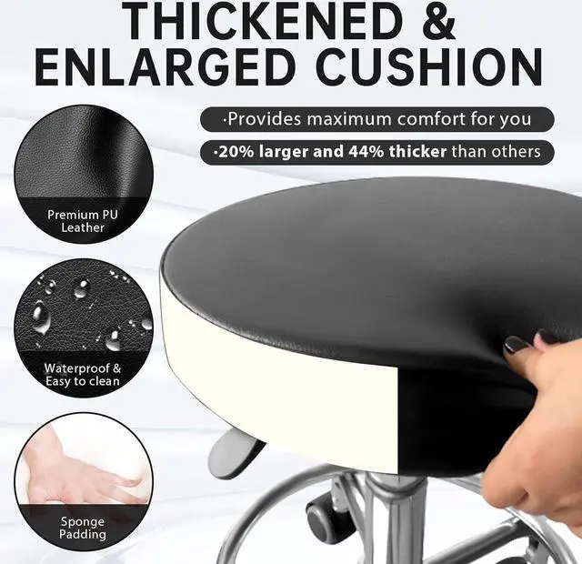 Alt view image 4 of 7 - Rolling Stool with Wheels, PU Leather Office Chair with Foot Rest, Adjustable Height 360 Degree Rotation Swivel Stool for Tattoo Massage Salon Spa Teach Medical Facial Office Home Work Kitchen, Black