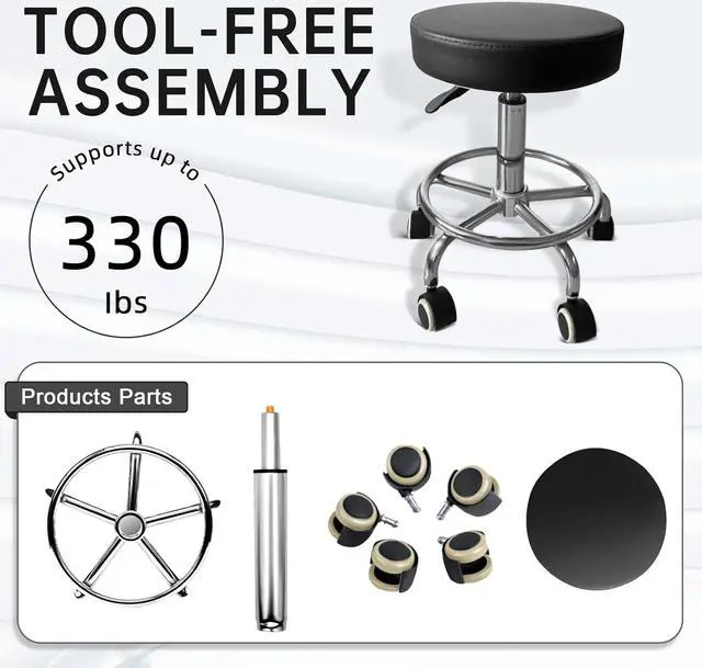 Alt view image 7 of 7 - Rolling Stool with Wheels, PU Leather Office Chair with Foot Rest, Adjustable Height 360 Degree Rotation Swivel Stool for Tattoo Massage Salon Spa Teach Medical Facial Office Home Work Kitchen, Black