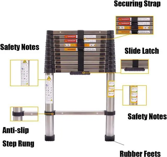 Alt view image 3 of 7 - 3.2M Telescopic Ladder Stainless Steel Ladders, Extendable Multi-Purpose Folding Step Ladders with Locking Button, 11 Adjustable Steps for RV Outdoor Work, EN131 Standard, 10.5ft