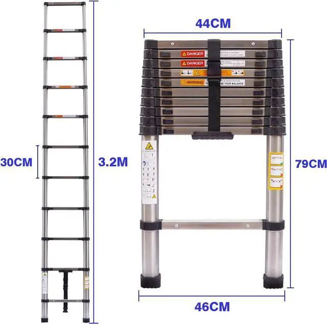 Alt view image 2 of 7 - 3.2M Telescopic Ladder Stainless Steel Ladders, Extendable Multi-Purpose Folding Step Ladders with Locking Button, 11 Adjustable Steps for RV Outdoor Work, EN131 Standard, 10.5ft