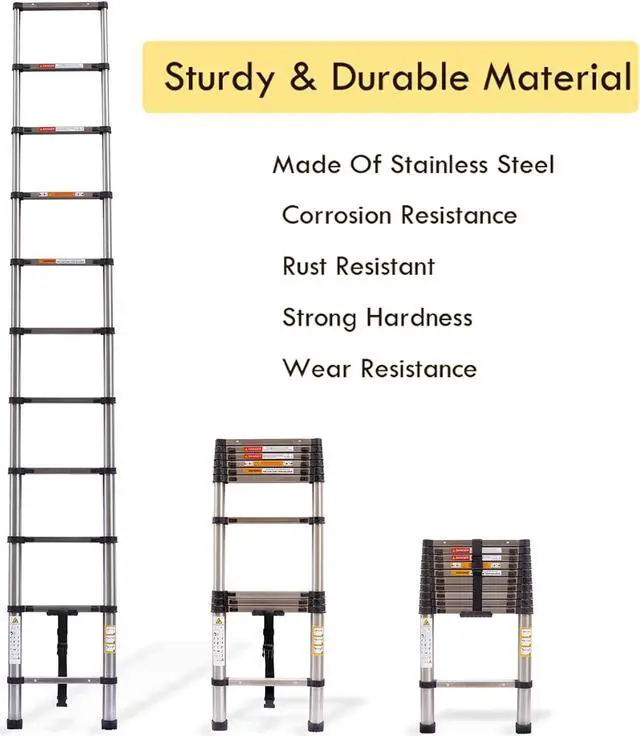 Alt view image 4 of 7 - 3.2M Telescopic Ladder Stainless Steel Ladders, Extendable Multi-Purpose Folding Step Ladders with Locking Button, 11 Adjustable Steps for RV Outdoor Work, EN131 Standard, 10.5ft