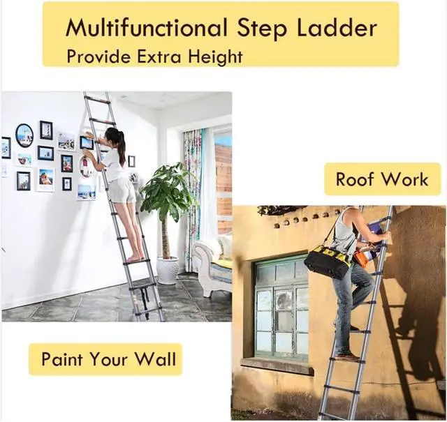 Alt view image 5 of 7 - 3.2M Telescopic Ladder Stainless Steel Ladders, Extendable Multi-Purpose Folding Step Ladders with Locking Button, 11 Adjustable Steps for RV Outdoor Work, EN131 Standard, 10.5ft