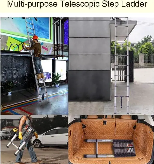 Alt view image 6 of 7 - 3.2M Telescopic Ladder Stainless Steel Ladders, Extendable Multi-Purpose Folding Step Ladders with Locking Button, 11 Adjustable Steps for RV Outdoor Work, EN131 Standard, 10.5ft