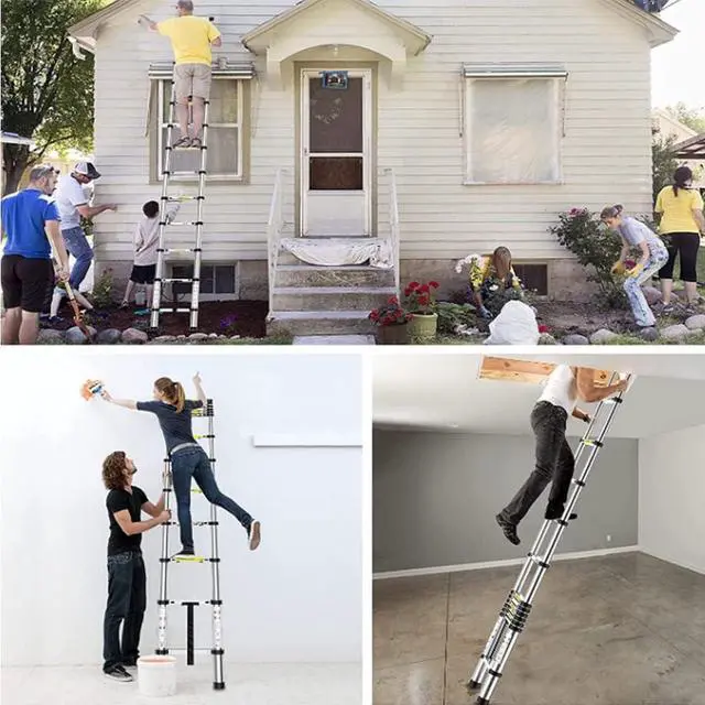Alt view image 7 of 7 - 3.2M Telescopic Ladder Stainless Steel Ladders, Extendable Multi-Purpose Folding Step Ladders with Locking Button, 11 Adjustable Steps for RV Outdoor Work, EN131 Standard, 10.5ft