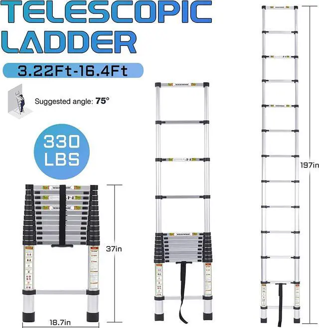 Alt view image 2 of 6 - Telescopic Ladder, 16.5FT RIKADE Aluminum Telescoping Ladder with Non-Slip Feet, Portable Extension Ladder for Household and Outdoor