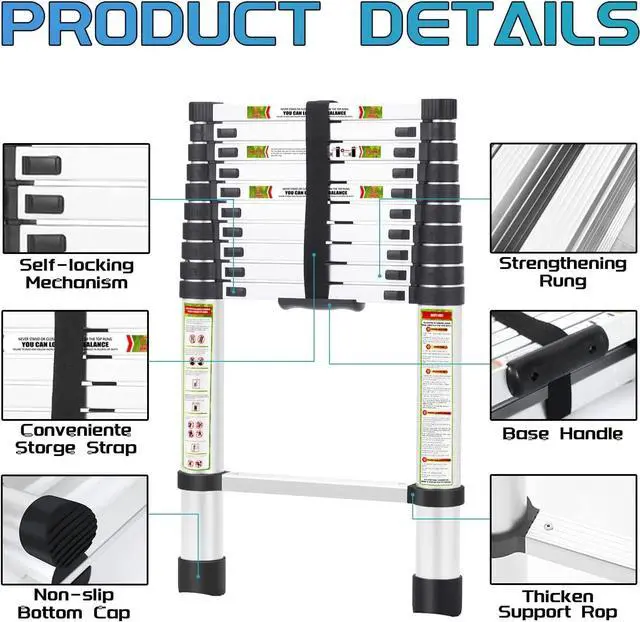 Alt view image 3 of 6 - Telescopic Ladder, 16.5FT RIKADE Aluminum Telescoping Ladder with Non-Slip Feet, Portable Extension Ladder for Household and Outdoor