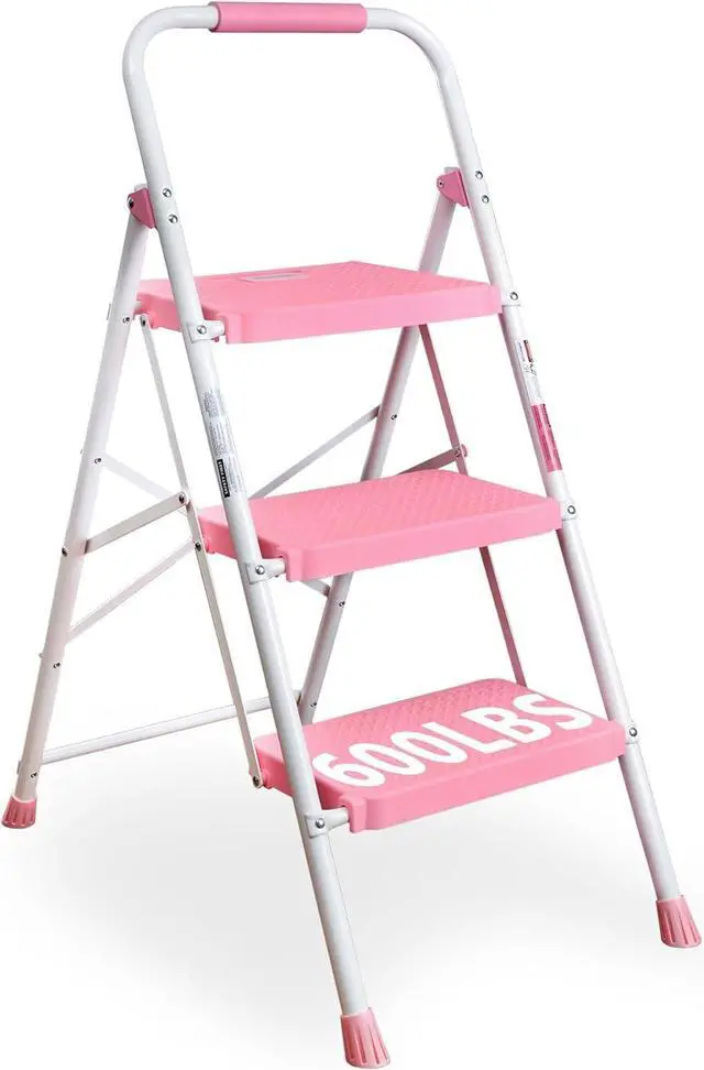 Main image of BONTEC 3-Step Ladder, Folding Step Stool with Wide Anti-Slip Pedals, Max Load Capacity 600lbs Sturdy Steel Ladder, Convenient Handgrip, Lightweight Portable Step Stool for Adults, Pink