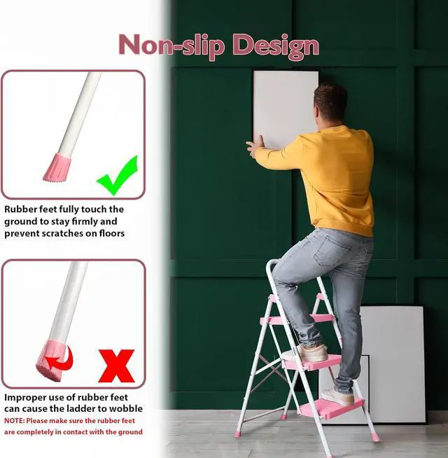 Alt view image 3 of 7 - BONTEC 3-Step Ladder, Folding Step Stool, 600lbs Max Load Capacity, Sturdy Steel, Non-Slip Pedals, Lightweight, Portable Steel Ladder with Convenient Handrail, Safety Design for Home & Work, Pink