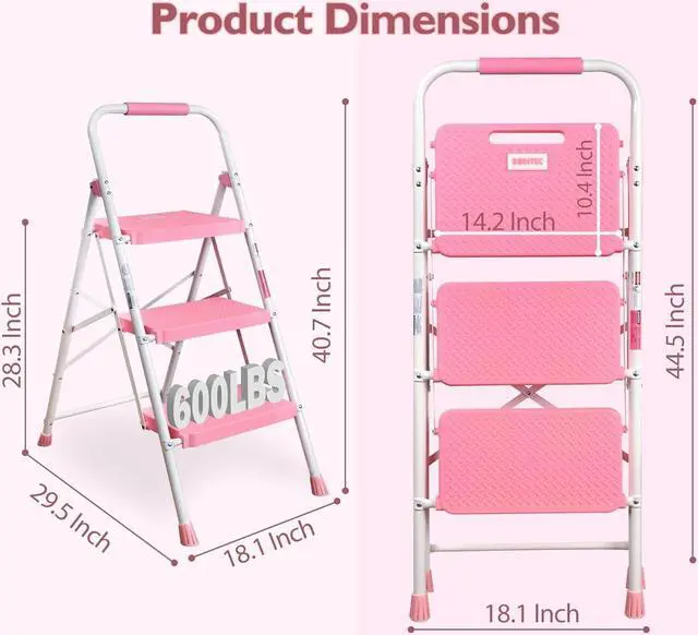 Alt view image 2 of 7 - BONTEC 3-Step Ladder, Folding Step Stool with Wide Anti-Slip Pedals, Max Load Capacity 600lbs Sturdy Steel Ladder, Convenient Handgrip, Lightweight Portable Step Stool for Adults, Pink