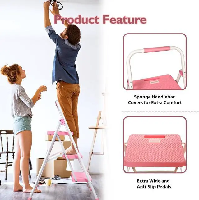 Alt view image 4 of 7 - BONTEC 3-Step Ladder, Folding Step Stool, 600lbs Max Load Capacity, Sturdy Steel, Non-Slip Pedals, Lightweight, Portable Steel Ladder with Convenient Handrail, Safety Design for Home & Work, Pink