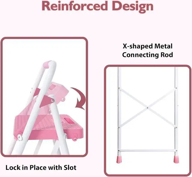 Alt view image 5 of 7 - BONTEC 3-Step Ladder, Folding Step Stool, 600lbs Max Load Capacity, Sturdy Steel, Non-Slip Pedals, Lightweight, Portable Steel Ladder with Convenient Handrail, Safety Design for Home & Work, Pink