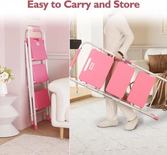 Alt view image 6 of 7 - BONTEC 3-Step Ladder, Folding Step Stool, 600lbs Max Load Capacity, Sturdy Steel, Non-Slip Pedals, Lightweight, Portable Steel Ladder with Convenient Handrail, Safety Design for Home & Work, Pink