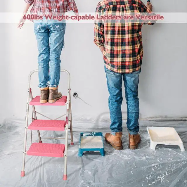 Alt view image 7 of 7 - BONTEC 3-Step Ladder, Folding Step Stool with Wide Anti-Slip Pedals, Max Load Capacity 600lbs Sturdy Steel Ladder, Convenient Handgrip, Lightweight Portable Step Stool for Adults, Pink