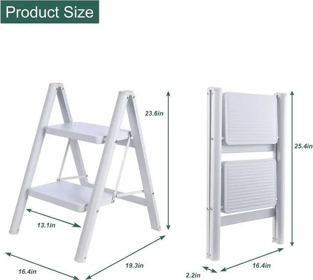 Alt view image 2 of 7 - 2 Step Ladder, Folding Step Stool for Adults with Wide Anti-Slip Pedal, Lightweight, Perfect for Kitchen& Household, Library Office,330lbs Capacity Sturdy Steel Ladder,White
