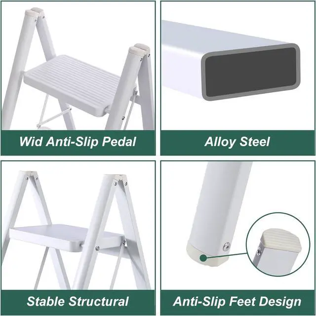 Alt view image 3 of 7 - 2 Step Ladder, Folding Step Stool for Adults with Wide Anti-Slip Pedal, Lightweight, Perfect for Kitchen& Household, Library Office,330lbs Capacity Sturdy Steel Ladder,White
