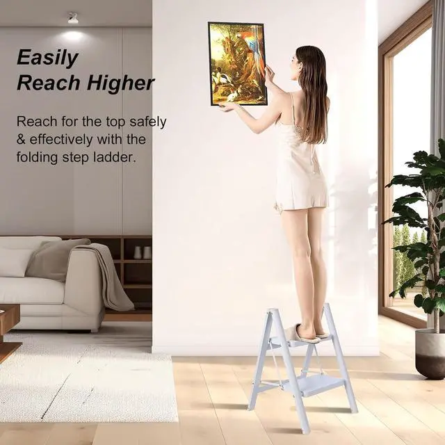 Alt view image 4 of 7 - 2 Step Ladder, Folding Step Stool for Adults with Wide Anti-Slip Pedal, Lightweight, Perfect for Kitchen& Household, Library Office,330lbs Capacity Sturdy Steel Ladder,White