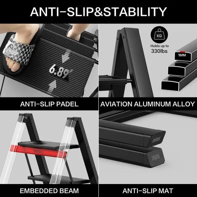 Alt view image 3 of 6 - GameGem 3 Step Ladder, Aluminum Folding Step Stool with Anti-Slip Sturdy and Wide Pedal, Lightweight Portable Stepladder for Home and Kitchen Use Space Saving, Black, 330 lbs