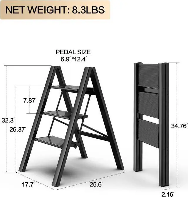 Alt view image 4 of 6 - GameGem 3 Step Ladder, Aluminum Folding Step Stool with Anti-Slip Sturdy and Wide Pedal, Lightweight Portable Stepladder for Home and Kitchen Use Space Saving, Black, 330 lbs