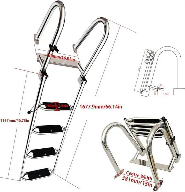 Alt view image 4 of 6 - Stainless Steel 4 Steps Telescoping Boat Ladder Reinforce Dock Ladder Heavy Duty Swim Deck Ladder with Wider Pedals and Hand Railings, Rated to 500 Pounds