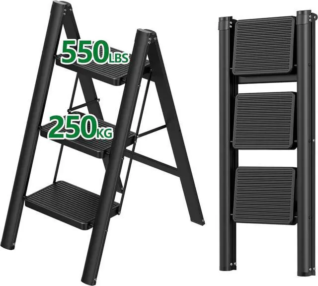 Main image of 3 Step Ladder, Carbon Steel Ladder with Anti-Slip Pedal, Lightweight Step Stool Foldable, Stepping Stool ladders for Home, Kitchen, and Office, Load 550 lbs, Black