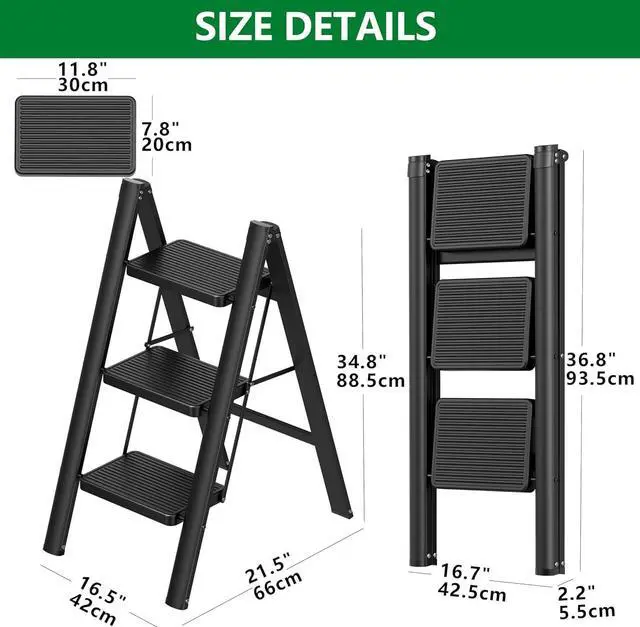 Alt view image 7 of 7 - 3 Step Ladder, Carbon Steel Ladder with Anti-Slip Pedal, Lightweight Step Stool Foldable, Stepping Stool ladders for Home, Kitchen, and Office, Load 550 lbs, Black
