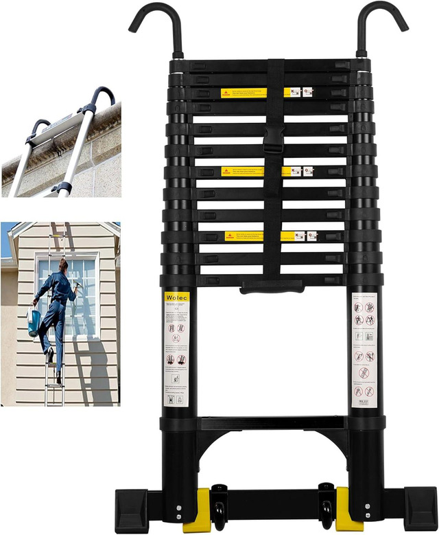 14ft Telescoping A-Frame Ladder With Wheels & Stabilizer Bar, 330lb Capacity Multi-Position Folding Ladder For Stairs, Roof, Home & Outdoor Use