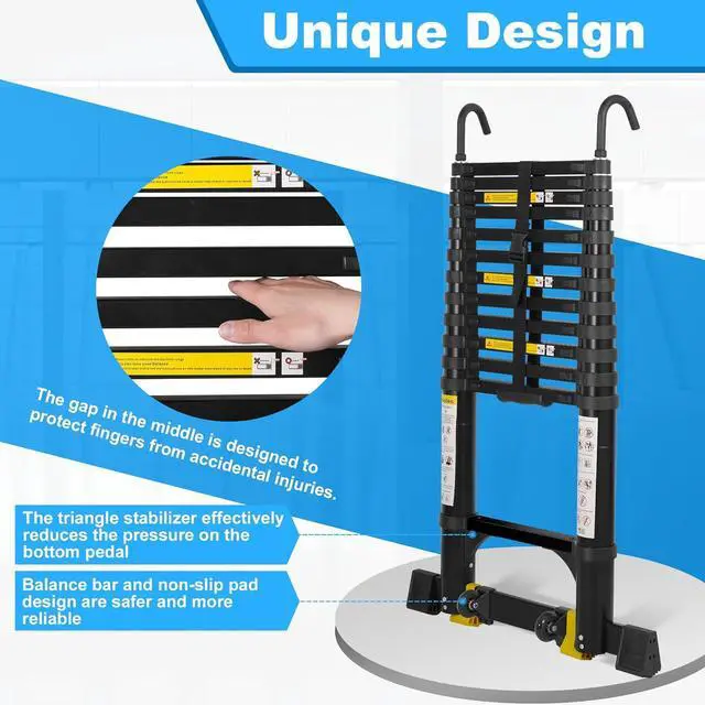 Alt view image 2 of 6 - Telescoping Ladder,14.5FT Aluminum Portable Extension Ladder w/Hooks, Stabilizers& Wheels, Heavy Duty 330lbs Max Capacity, Collapsible Telescopic Ladder for Rv, Roof, Attic, Outdoor -Black