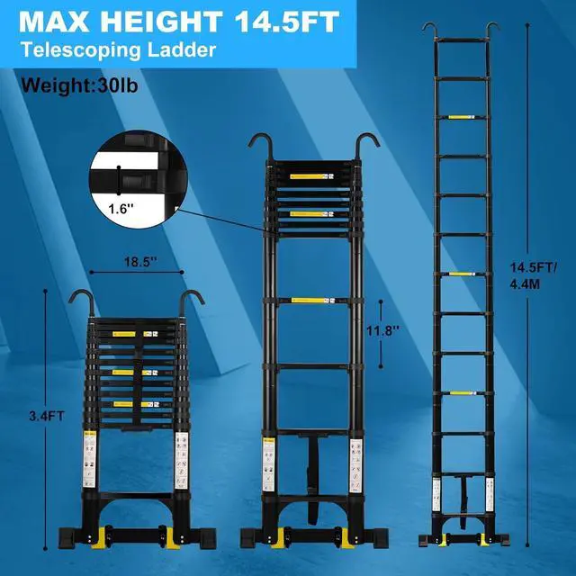 Alt view image 4 of 6 - Telescoping Ladder,14.5FT Aluminum Portable Extension Ladder w/Hooks, Stabilizers& Wheels, Heavy Duty 330lbs Max Capacity, Collapsible Telescopic Ladder for Rv, Roof, Attic, Outdoor -Black