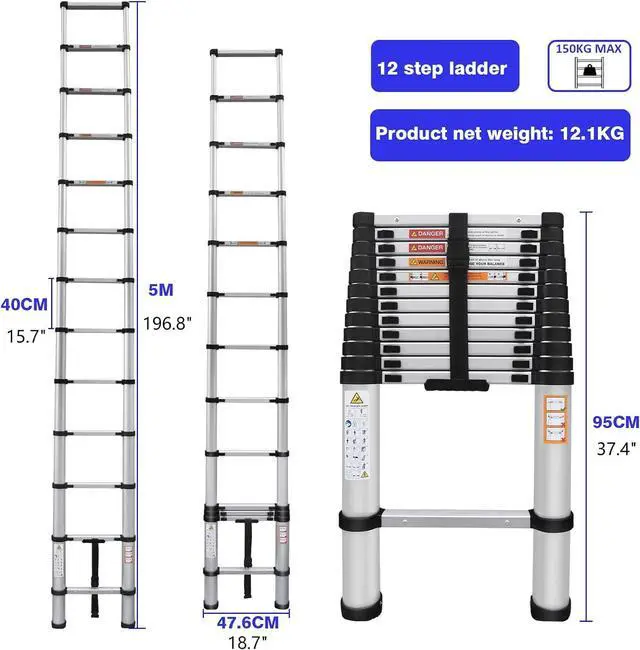 Alt view image 2 of 7 - Telescoping Ladder 16FT Aluminum Telescoping Extension Ladder, Collapsible Ladder Attic Ladder Rv Ladder, Portable Telescopic Ladder for Outdoor Working & Household Use, Folding Ladder 330lb Capacity
