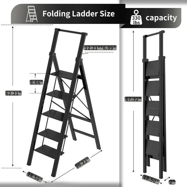 Alt view image 2 of 7 - 5 Step Ladder Adult Portable Folding Step Stool, Folding Aluminum Step Ladder with Double Padded Treads, Step Ladder with Handle for Home, Kitchen, Outdoor, 330 lb Weight Capacity - Black