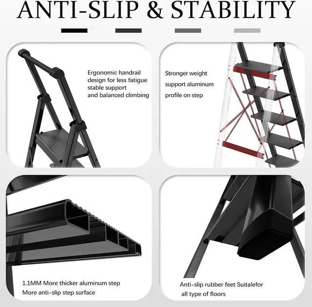 Alt view image 3 of 7 - 5 Step Ladder Adult Portable Folding Step Stool, Folding Aluminum Step Ladder with Double Padded Treads, Step Ladder with Handle for Home, Kitchen, Outdoor, 330 lb Weight Capacity - Black