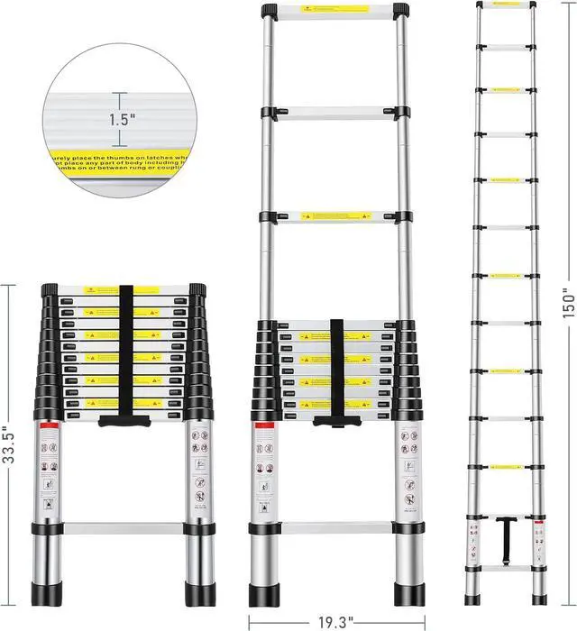 Alt view image 2 of 6 - Telescoping Ladder 12.5FT, Telescopic Extension Ladder, Aluminum Alloy Folding Ladder Portable Multi-Purpose for Indoor Outdoor Work, Heavy Duty 330 lbs Load