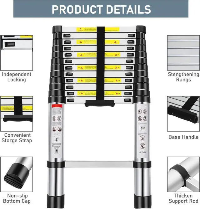 Alt view image 3 of 6 - Telescoping Ladder 12.5FT, Telescopic Extension Ladder, Aluminum Alloy Folding Ladder Portable Multi-Purpose for Indoor Outdoor Work, Heavy Duty 330 lbs Load