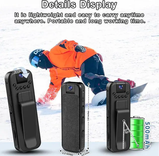 Alt view image 3 of 7 - Mini Body Camera, Worn Camcorder, Sport Cam, 1080P Portable Cam with Night Vision, 180° Ratatable Lens, Sturdy Clip for Cycling Law Enforcement Working up to 128GB SD Card (Not Included)