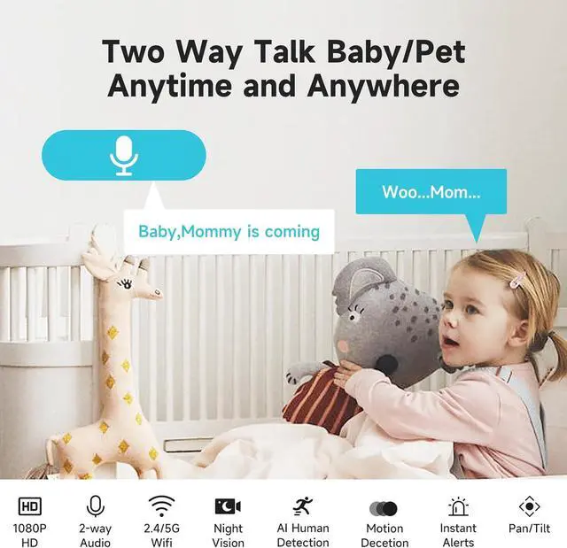 Alt view image 2 of 7 - 2K Indoor Camera for Home Security & Baby Monitor, WiFi Pet Camera with App, 2.4G/5G, 360° Pan&Tilt, Night Vision, Motion Detection, 2-Way Audio, SD/Cloud Storage, Compatible with Alexa