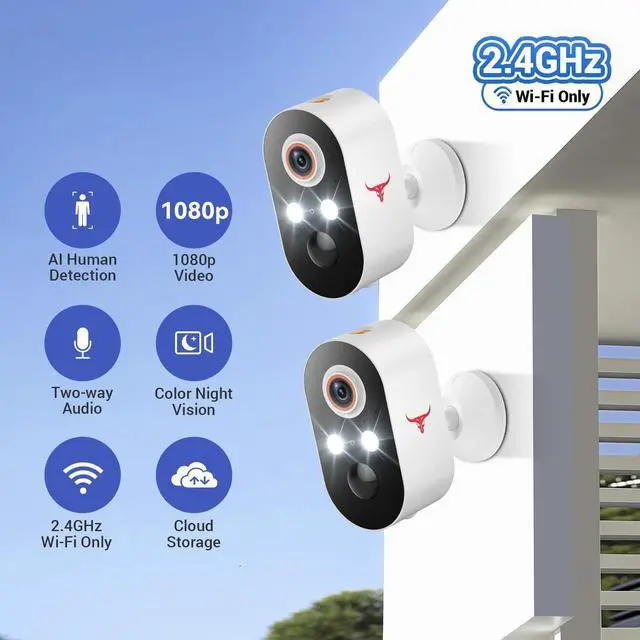 Alt view image 2 of 7 - 1080p Wireless Security Camera, 2.4GHz Wi-Fi Only, Color Night Vision, AI Human Detection, PIR Motion Detection, 2-Way Talk, Outdoor Surveillance Bullet Cam, No Solar Panel Included (2 Pack)