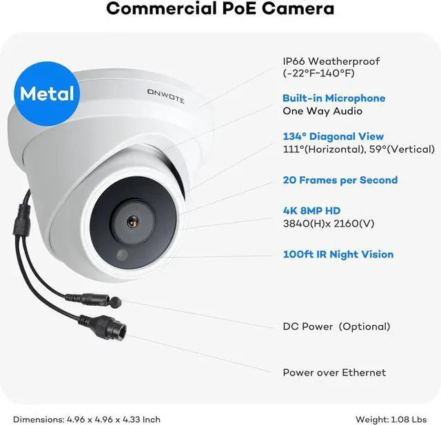 Alt view image 4 of 6 - ONWOTE 4K 8MP PoE IP Security Camera, AI Human Vehicle Detection, 3840x2160 8 Megapixels, 134° FoV, Video Audio, Indoor Outdoor, Commercial Wired Camera for Business, Add-on to PoE NVR System